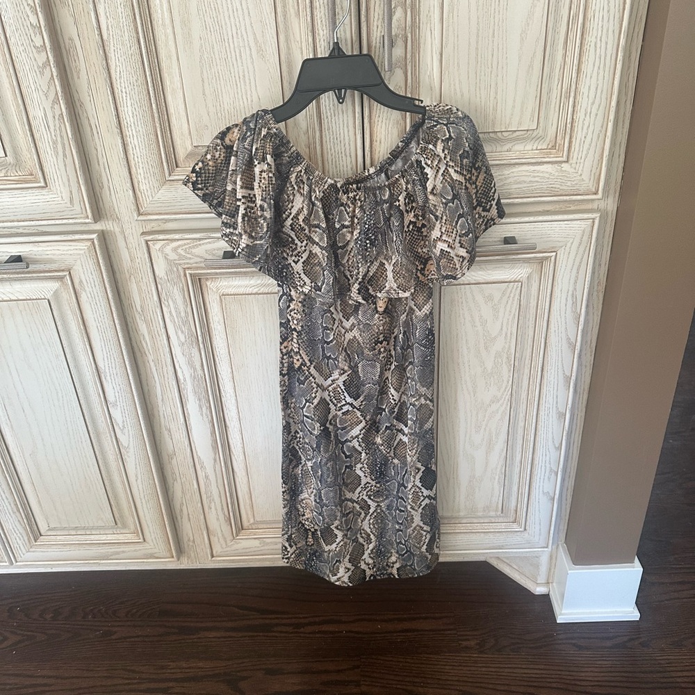 TMG New York snakeskin print ruffled off the shoulder dress